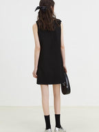 fano Minimal Bow High Waist A Line Sleeveless Round Neck Workwear Black Midi Dresses