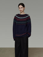 unspoken Warm Jacquard Colorblock Loose Commuter Crewneck Women Acrylic Blend Sweaters