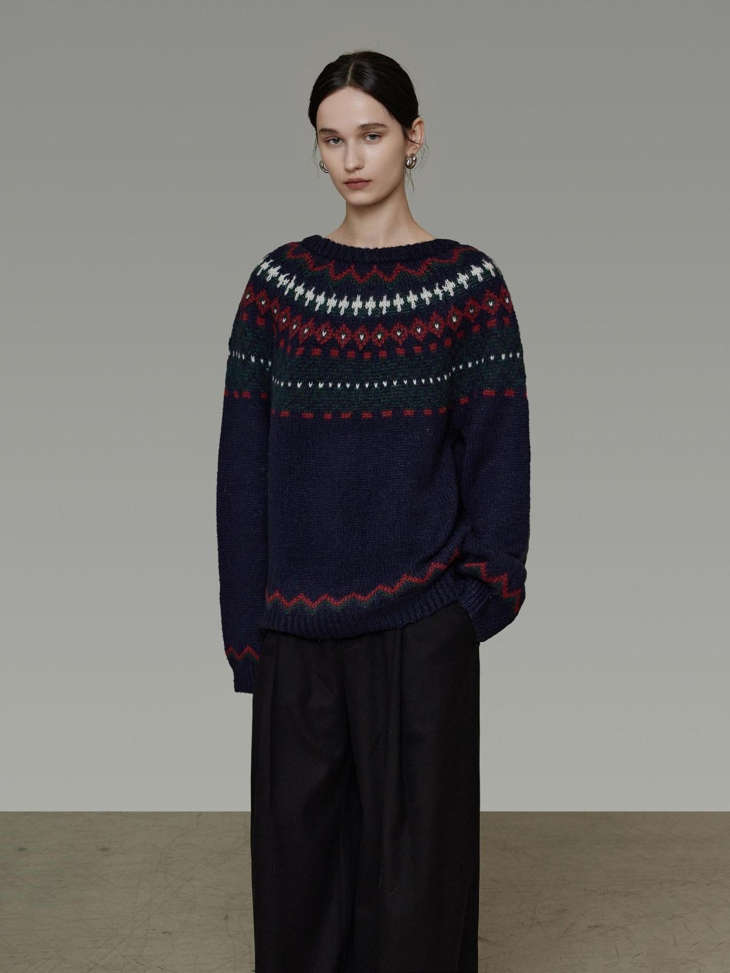 unspoken Warm Jacquard Colorblock Loose Commuter Crewneck Women Acrylic Blend Sweaters