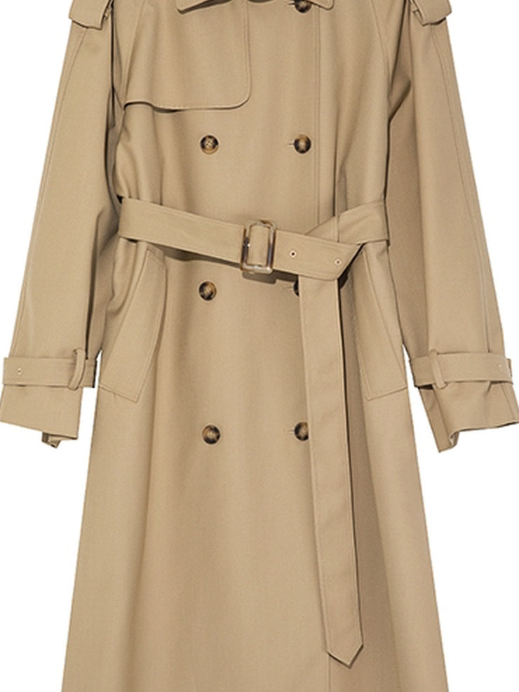 fano Double Breasted Button Loose Fit Raglan Sleeve Commuter Women Khaki Trench Coats