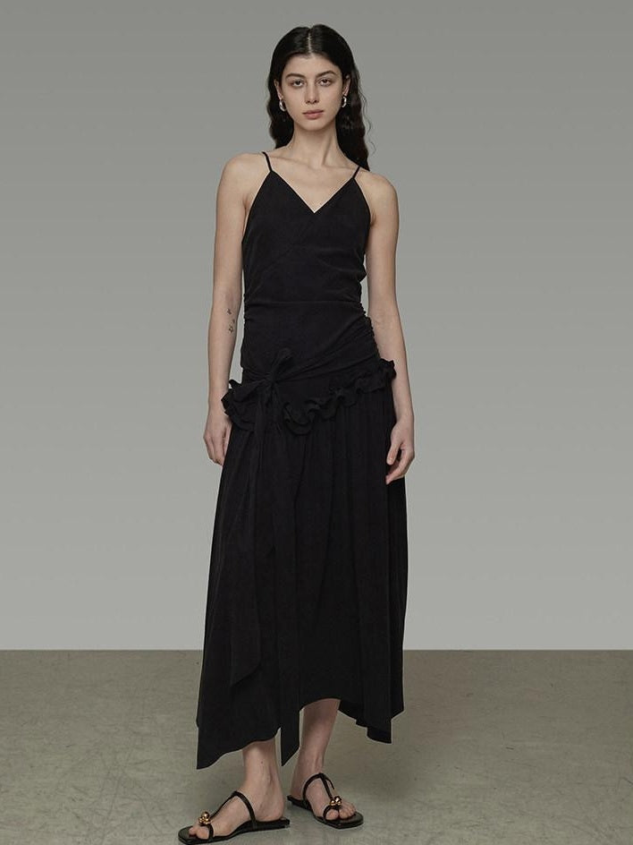 unspoken Ultra Soft Tencel A Line Cinched Waist Minimalist Commuter Black Maxi Dresses