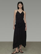 unspoken Ultra Soft Tencel A Line Cinched Waist Minimalist Commuter Black Maxi Dresses