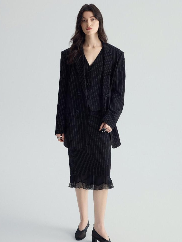 audreyyang Original Design Relaxed Fit Double Breasted Women Black Polyester Blazers