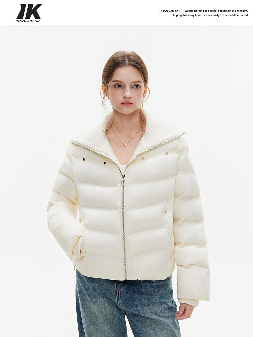 ikyou Warm Thick Commuter Loose Pocket Embroidery Zipper White Padded Puffer Jackets