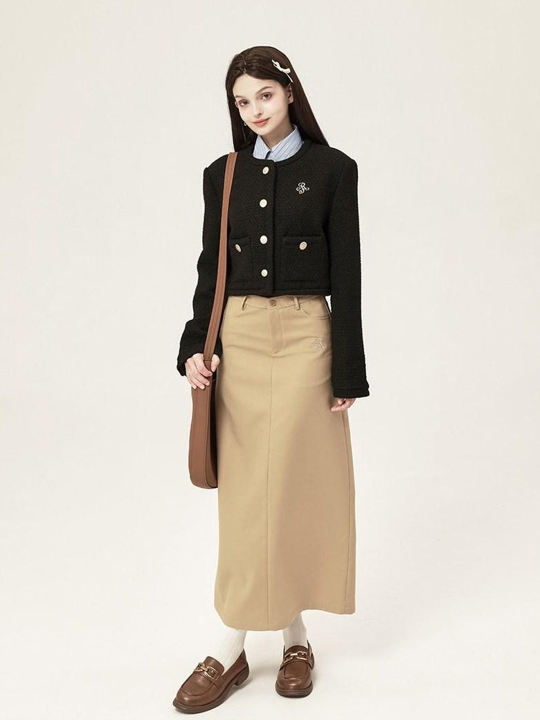 ikyou 3D Button Trim Slim Fit Office Long Sleeve Solid Polyester Cropped Jackets
