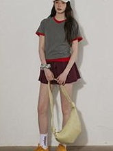 Lofi choose High Waist Lined A Line Puff Office Chic Beige Aubergine Mini Skirts