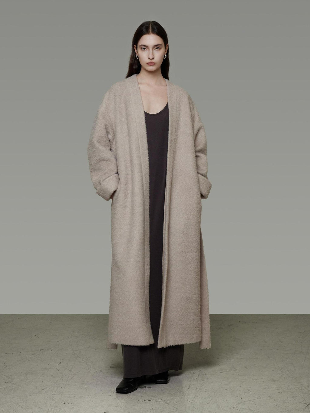 unspoken Cozy Sheepswool Belted Loose Fit Minimal Office V-neck Mid Length Wool Coats