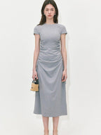 fano Soft Cotton Knit High Waist A Line Button Mock Neck Midi Dresses