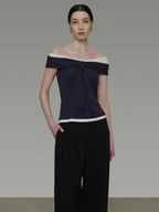 unspoken Viscose Blend Contrast Slim Fit Commuter Women Bardot Off Shoulder Crop Tops