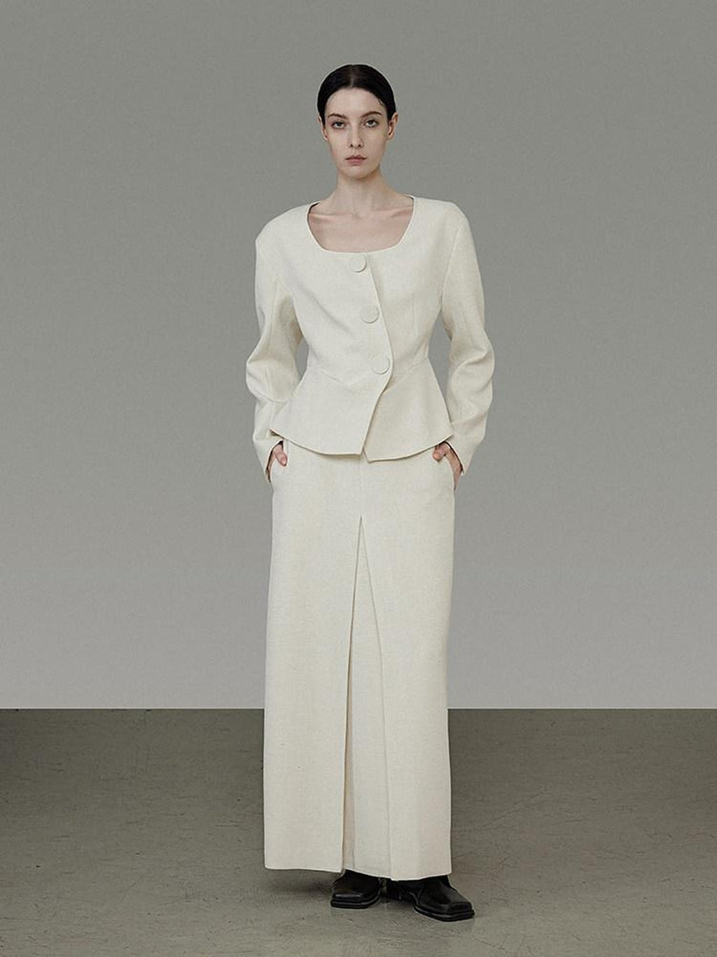 unspoken Slim Office Button Front Long Sleeve Cream Polyester Women Top & Skirt Sets