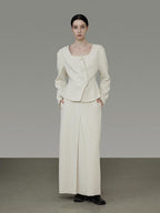 unspoken Slim Office Button Front Long Sleeve Cream Polyester Women Top & Skirt Sets