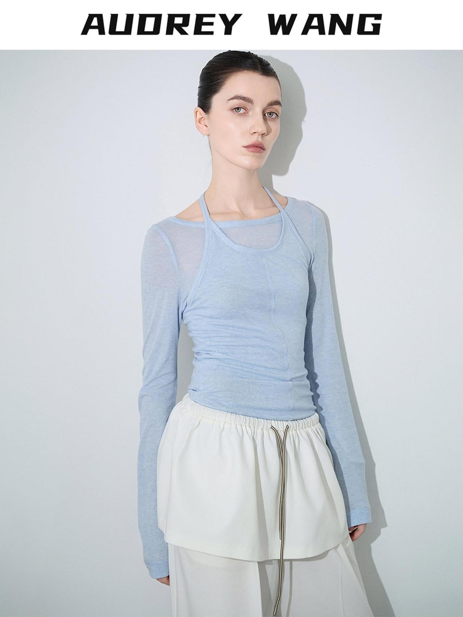 audreyyang Lightweight Lyocell Wool Slim Fit Solid Women Crew Neck Long Sleeve T-Shirts