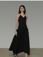 unspoken Ultra Soft Tencel A Line Cinched Waist Minimalist Commuter Black Maxi Dresses