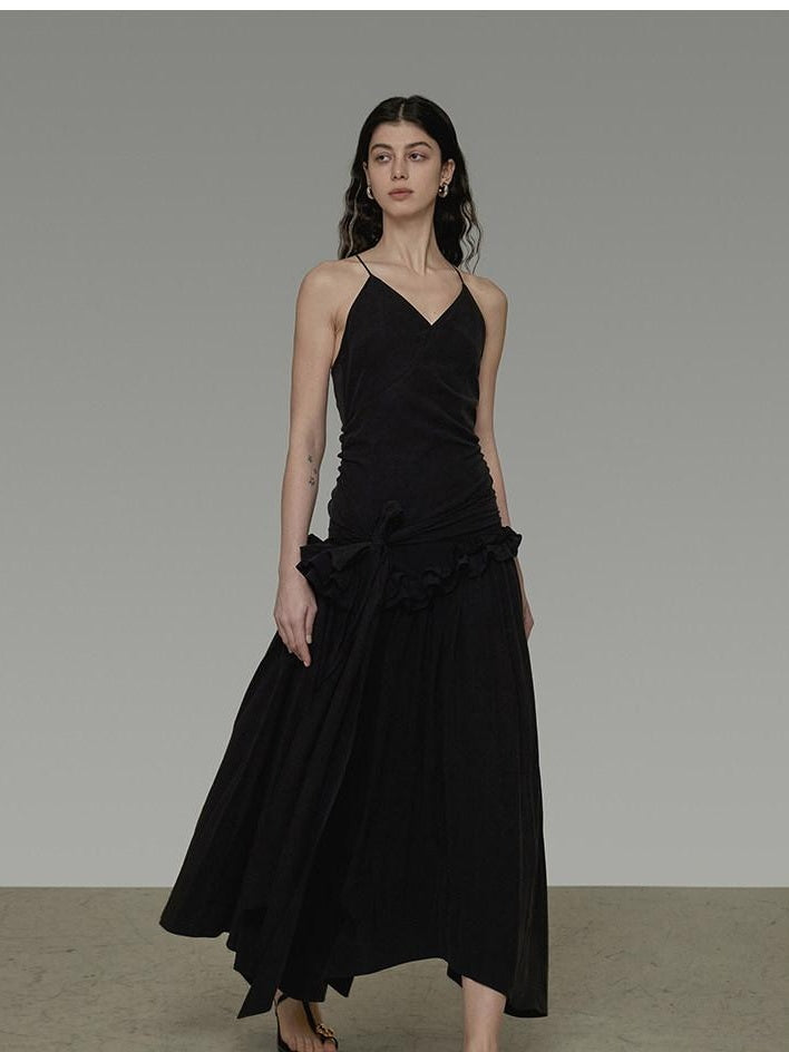 unspoken Ultra Soft Tencel A Line Cinched Waist Minimalist Commuter Black Maxi Dresses
