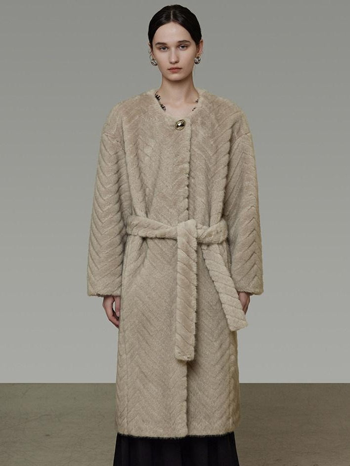 unspoken Warm Thick Beige Loose Fit Collarless Mid Length Commuter Women Long Coats