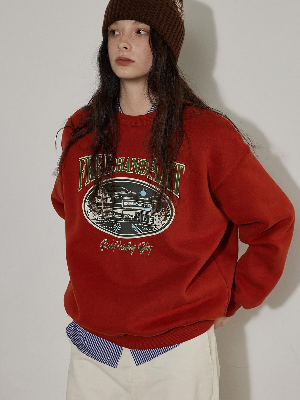 Lofi choose Cozy Thick Oversized Pullover Crewneck Cartoon Anime Print Vintage Red Sweatshirt