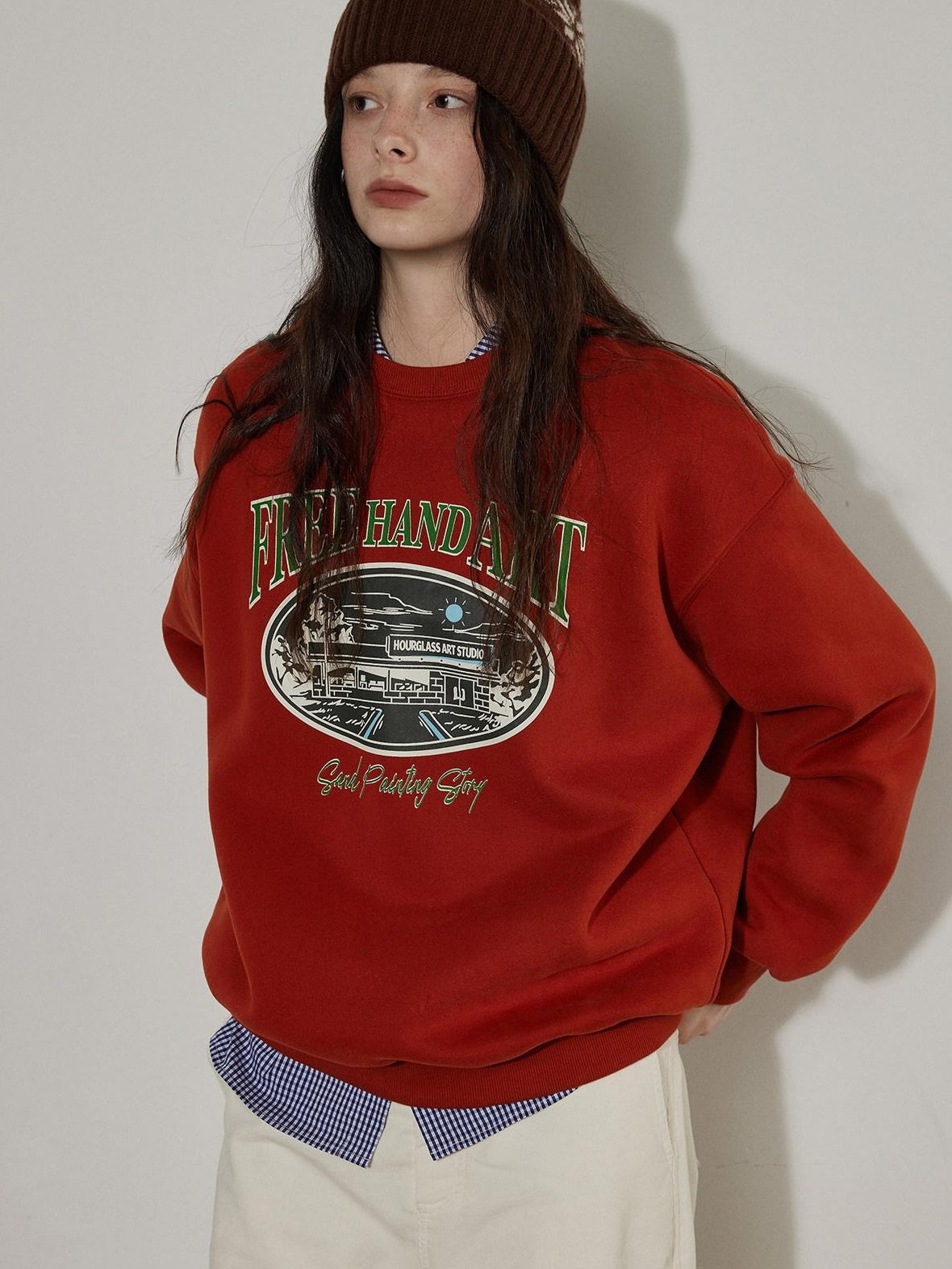 Lofi choose Cozy Thick Oversized Pullover Crewneck Cartoon Anime Print Vintage Red Sweatshirt