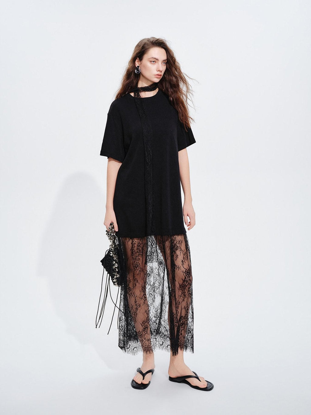 audreyyang Patchwork Polyester H Shift Loose Short Sleeve Crew Neck Everyday Midi Dresses