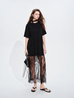 audreyyang Patchwork Polyester H Shift Loose Short Sleeve Crew Neck Everyday Midi Dresses