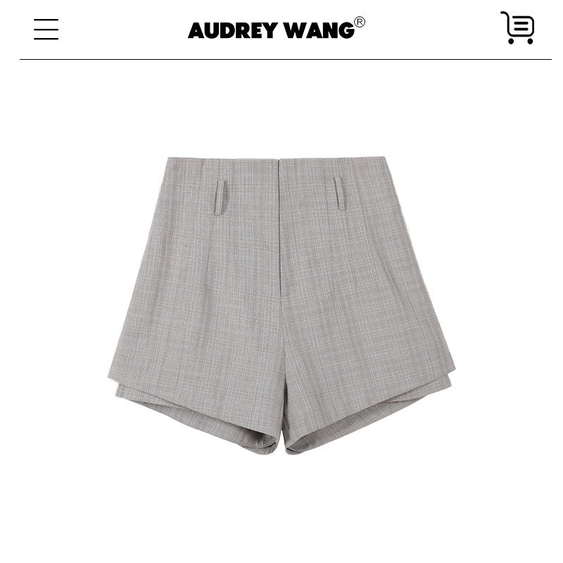 audreyyang_Non_Deforming_Loose_Plaid_High_Neck_Long_Sleeve_Women_Grey_Top_&_Shorts_Sets_MISSTT