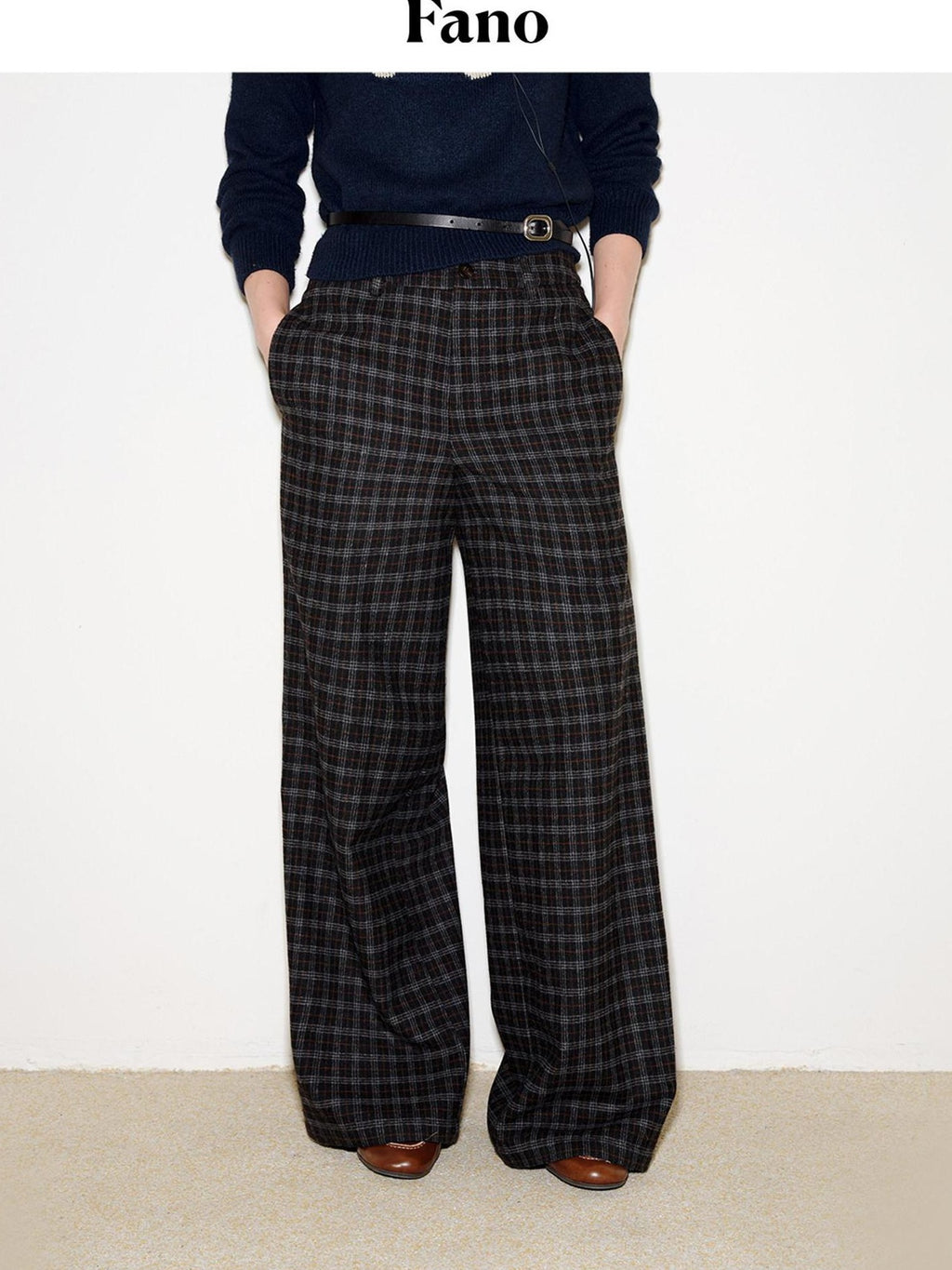 fano Wool Blend Plaid Relaxed Natural Waist Elastic Pocket Women Straight Pants