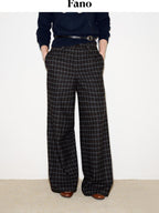 fano Wool Blend Plaid Relaxed Natural Waist Elastic Pocket Women Straight Pants