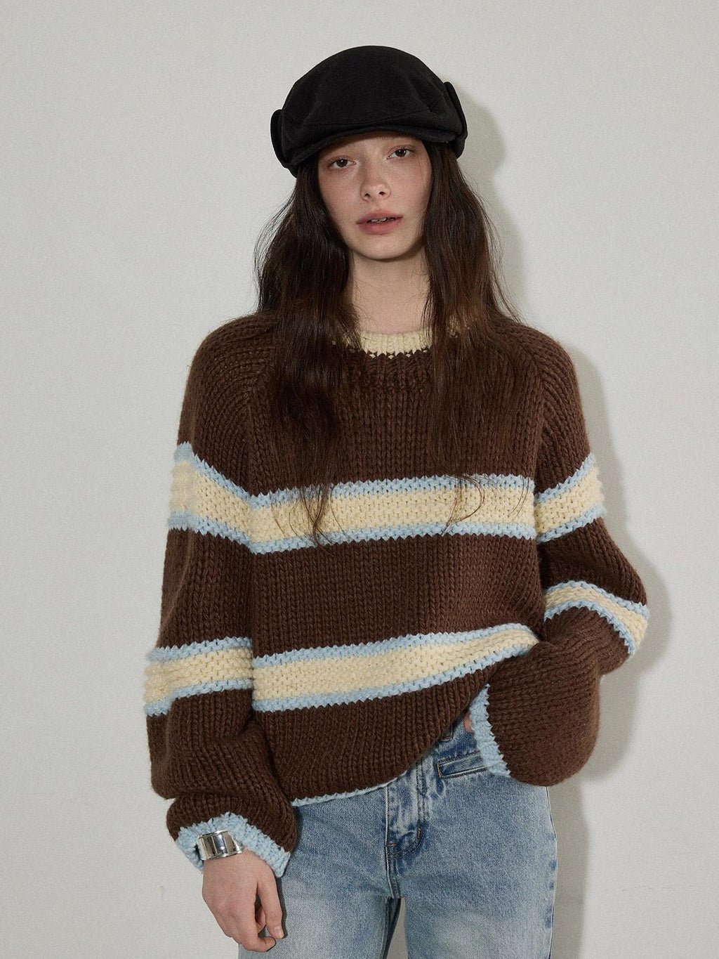 Lofi choose Cozy Acrylic Wool Colorblock Loose Fit Raglan Crewneck Striped Knit Sweaters