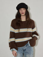 Lofi choose Cozy Acrylic Wool Colorblock Loose Fit Raglan Crewneck Striped Knit Sweaters