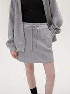 fano Hooded Zip Cotton Blend Loose Fit Minimalist Commuter Gray Top & Skirt Sets