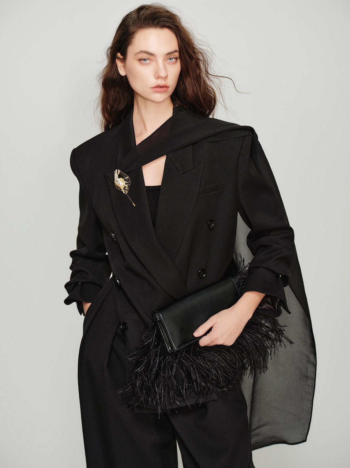 audreyyang Elegant Loose Fit Sash Double Breasted Notch Lapel Black Polyester Blazers