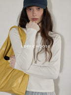 Lofi choose Patchwork Loose Fit Office Crew Neck Women Dark Gray White Long Sleeve T-Shirts