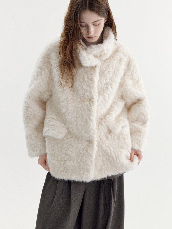 fano Soft Beige Minimalist Lapel Collar Loose Fit Young Women Everyday Short Coat