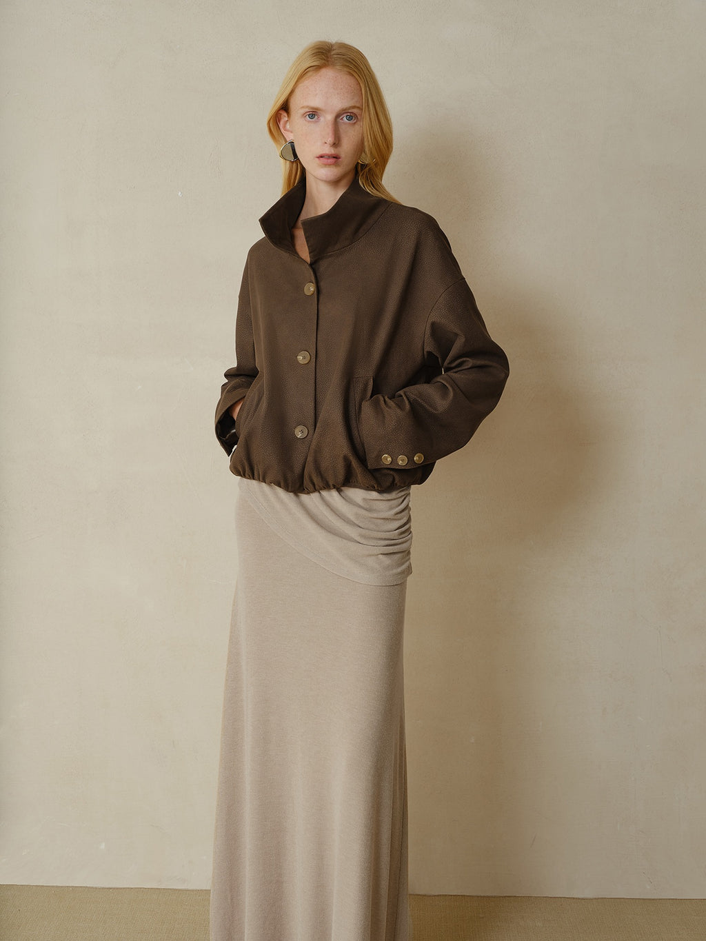 someonesometimes Stretch Polyester Vintage Loose Short Zip Women Coffee Brown Cropped Jackets
