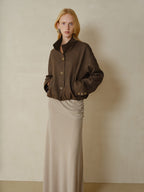 someonesometimes Stretch Polyester Vintage Loose Short Zip Women Coffee Brown Cropped Jackets