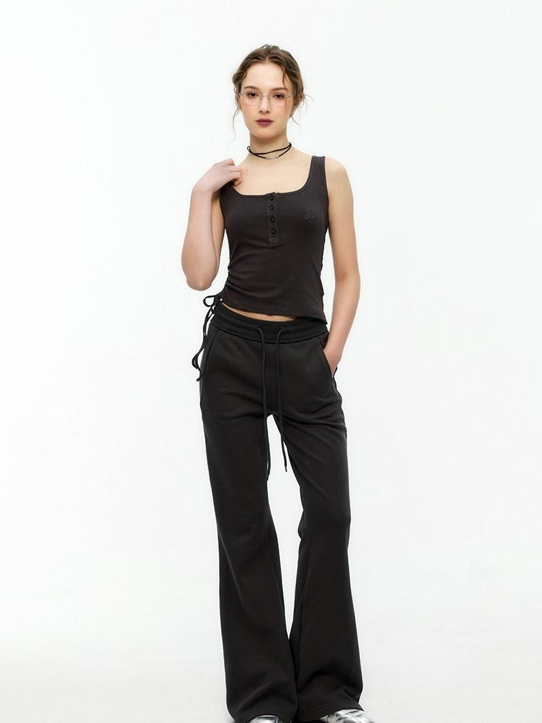 ikyou Minimal Commuter Drawstring Natural Waist Cotton Blend Wrinkle Free Flared Pants