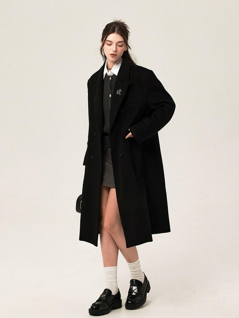 ikyou Wool Blend Double Breasted Straight Mid Length Office Tailored Black Long Coats