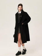 ikyou Wool Blend Double Breasted Straight Mid Length Office Tailored Black Long Coats
