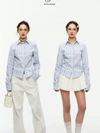 ikyou Shape Retention Slim Fit Pleated Embroidered Plaid Collared Long Sleeve Shirts