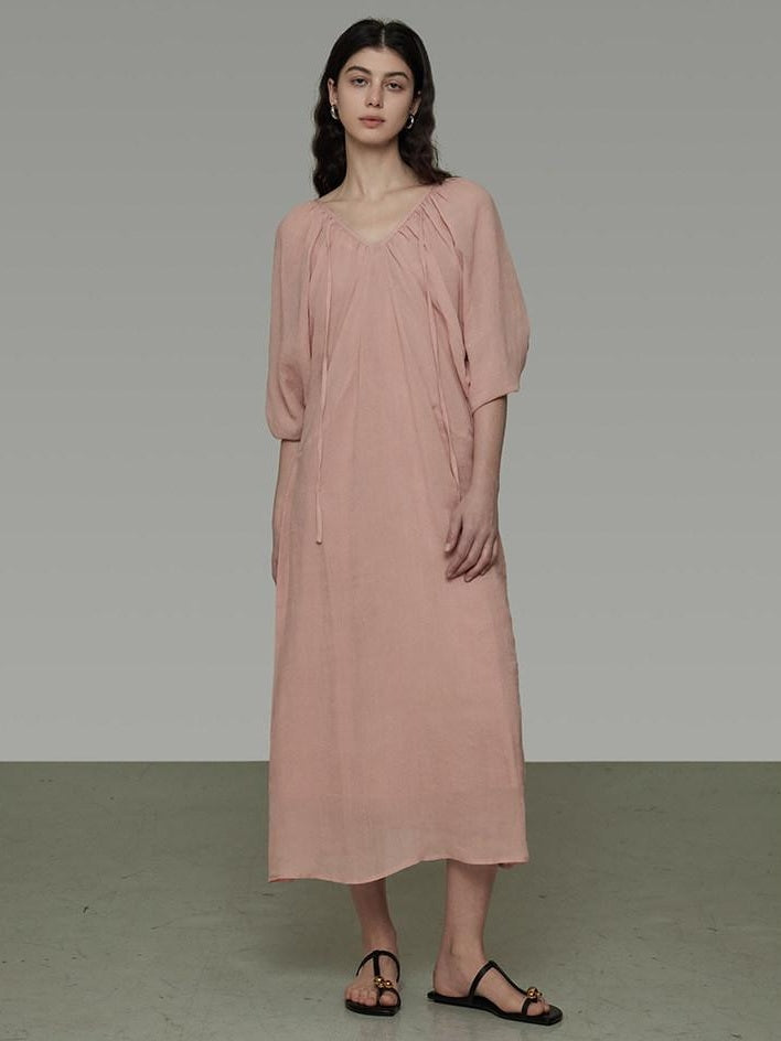 unspoken Breathable Linen Lyocell Blend Minimal A Line V-neck Pleated Women Maxi Dresses