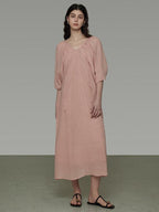 unspoken Breathable Linen Lyocell Blend Minimal A Line V-neck Pleated Women Maxi Dresses