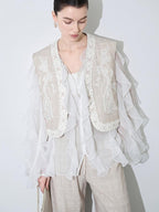 audreyyang Linen Blend V-neck Vest Trousers Solid Minimal Original Design Top & Pants Sets
