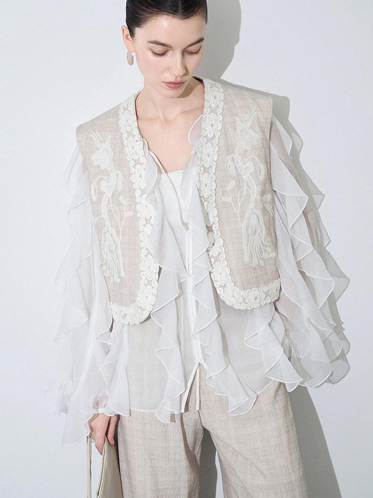 audreyyang Linen Blend V-neck Vest Trousers Solid Minimal Original Design Top & Pants Sets