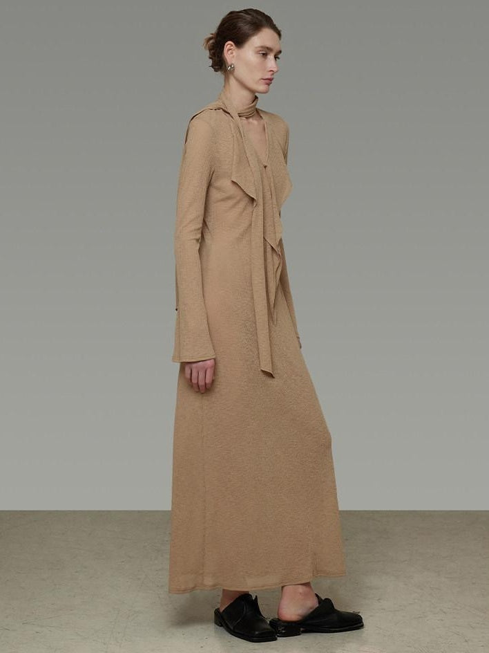 unspoken Breathable High Waist Sash V-neck Aline Longsleeve Office Polyester Maxi Dresses