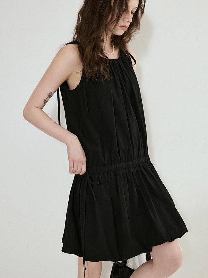 fano Soft Viscose Blend Korean Office A Line Sleeveless Black Midi Dresses