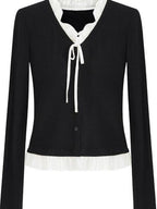fano Stretch Viscose Slim Fit Embroidered V-neck Workwear Black Long Sleeve Cardigans