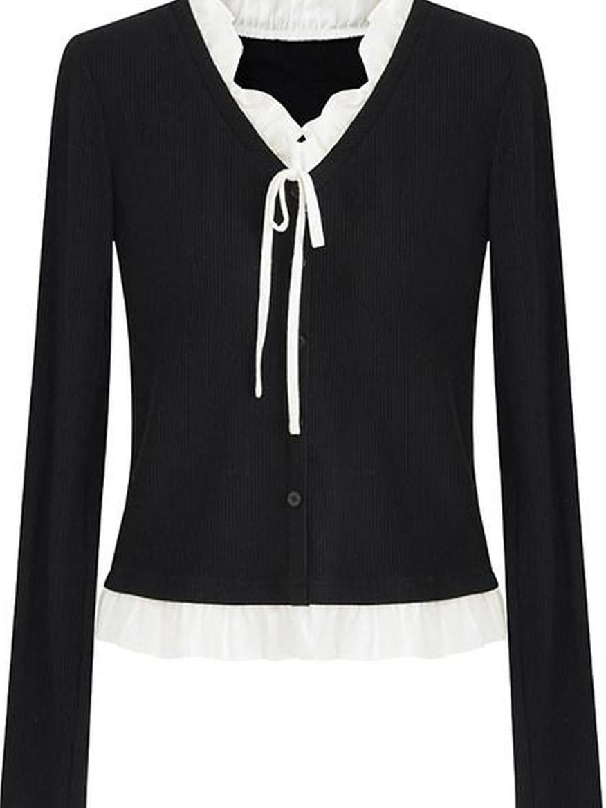 fano Stretch Viscose Slim Fit Embroidered V-neck Workwear Black Long Sleeve Cardigans