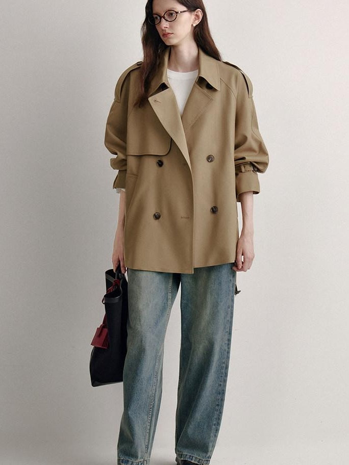 fano Buttoned Double Breasted Short Loose Fit Women Khaki Beige Trench Coats