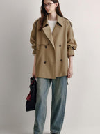 fano Buttoned Double Breasted Short Loose Fit Women Khaki Beige Trench Coats