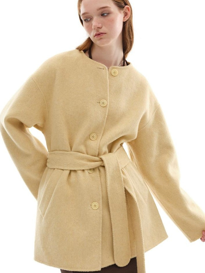 someone sometimes Minimalist Belted Roundneck Single Breasted 50 Percent Wool Yellow Wool Coats
