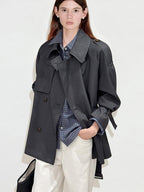 fano Double Breasted Button Front Minimal Commuter Straight Women Khaki Short Coat
